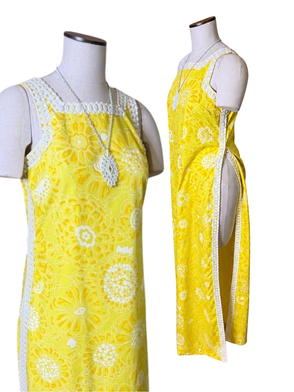 Vintage 60s Shifts Internationale Yellow Floral Maxi Dress with White Trim